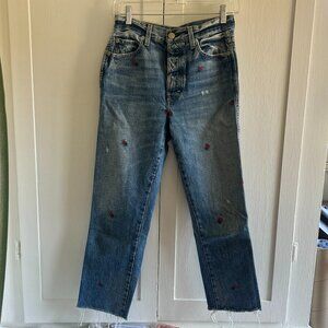 Used AMO "Loverboy" High-Rise Blue Jeans with Rosebud Embroidery (Sz 25)